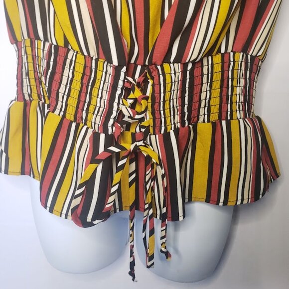 Women's Multi Color, Stripe, Off Shoulder, Ruffled Sleeves & waist tie Blouse M - Picture 4 of 8